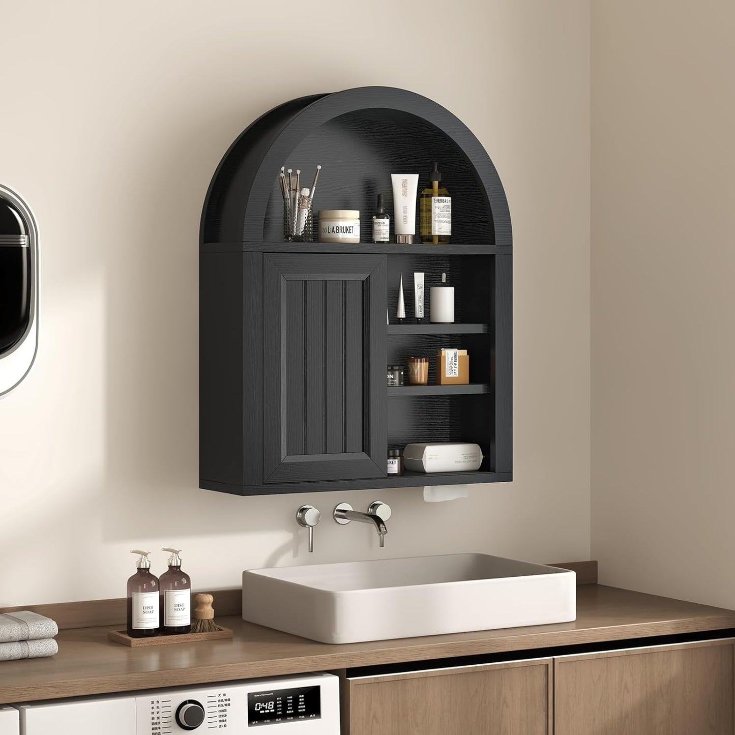 Arched Bathroom Wall Cabinet, 23.6 x 30.3'' Over The Toilet Cabinet With Sliding Barn Door, Adjustable Shelf, Wall Mounted Cabinets for Bathroom Laundry Room Kitchen (Black,Sliding Door, 30IN)