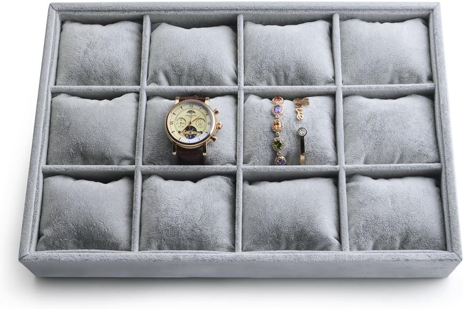 Oirlv Premium Velvet 12 Grid Jewelry Organizer Tray with Removable Pillow Watch Organizer Jewelry Tray Bracelet Bangle Watch Display Holder