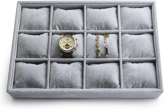 Oirlv Premium Velvet 12 Grid Jewelry Organizer Tray with Removable Pillow Watch Organizer Jewelry Tray Bracelet Bangle Watch Display Holder
