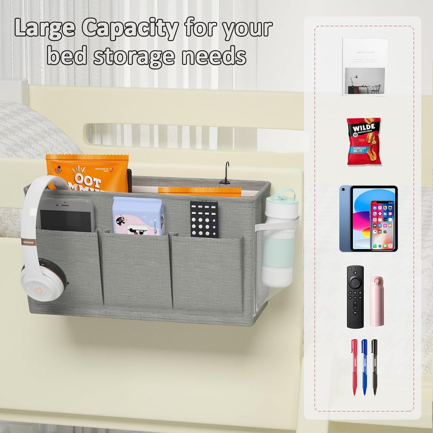 Dual-purpose Bedside Caddy Bedside Organizer, Bed Caddy with 6 Pockets, Versatile Bedside Storage Solution Magazine Remotes holder, ideal for Home, Dorm, Hospital, Crib Bed (Grey)
