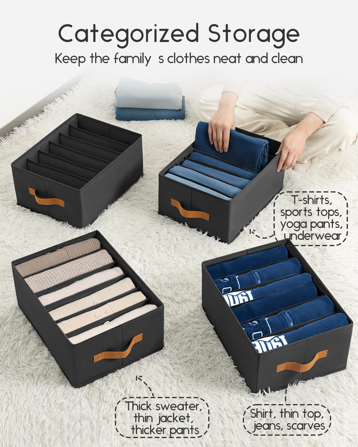 Closet Organizers and Storage - Fabric Clothes Organizer with Handles, Foldable Jeans Organizer for Clothes, Drawer Organizer for Shirts, Bra, Sweater, Scarf, 4 Pack, Black