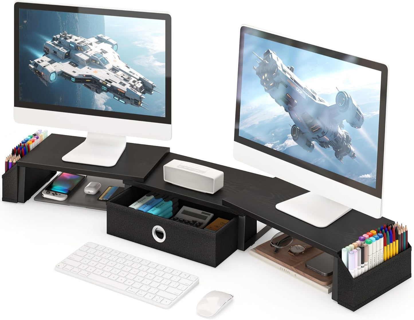 Dual Monitor Stand Riser w/ Drawer & Metal Leg, Large Computer Monitor Riser w/ Storage For 2 Monitors, Desk Shelf For Monitor w/ Adjustable Length & Angle, Desktop Organizer For Laptop/TV/Printer