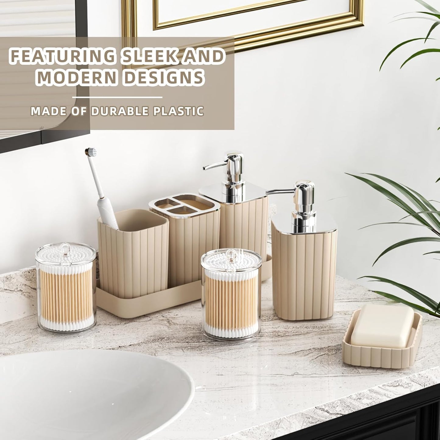 Bathroom Accessories Set - 25PC Bathroom Sets with Shower Curtain and Rugs, Beige Bathroom Set with Trash Can, Soap Dispenser, Soap Dish & Toilet Brush