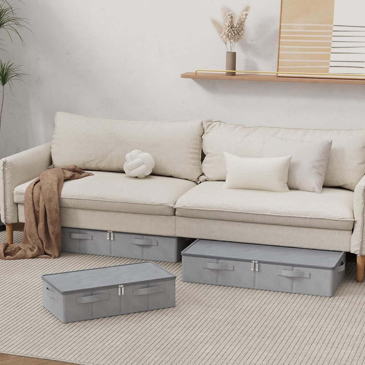 Underbed Storage Bin, Foldable Under Bed Flat Baskets Organizer, Container boxes with Lid for Organizing Clothes, Sheets, Blankets, Comforter, 31.4x15.7x5.9in, Grey, 2 Pack