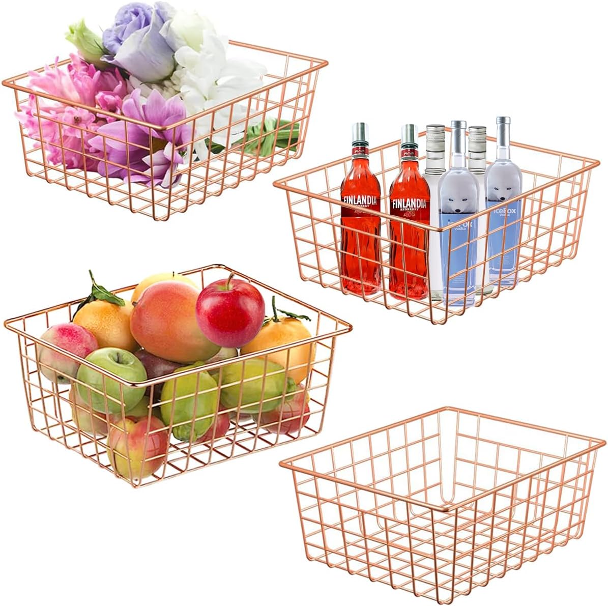 4 Pack Wire Baskets for Pantry Metal Wire Freezer Organizer Bins with Handles, Metal Basket Rose Gold Wire Baskets for Storage Organizing Office, Kitchen Cabinets, Bathroom, Countertop