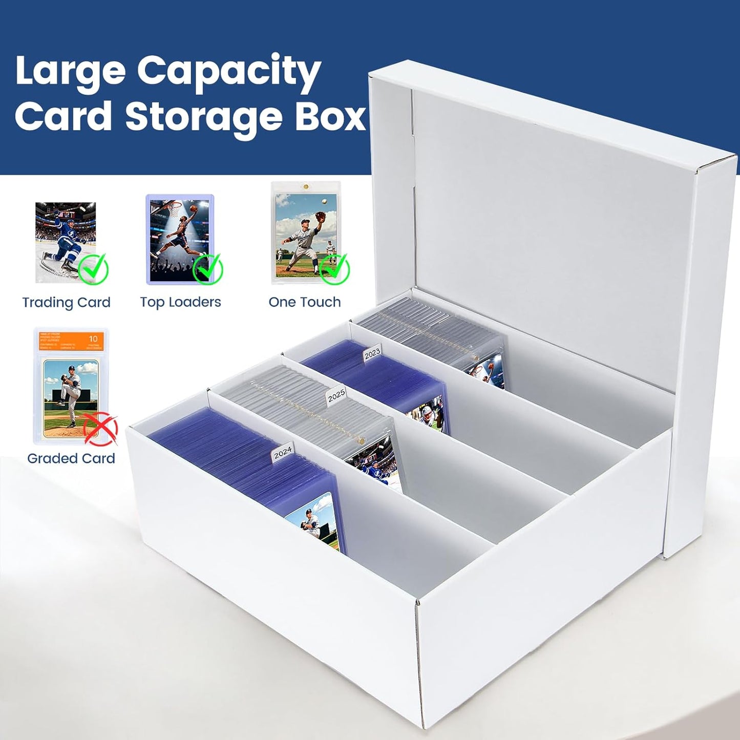 Trading Card Storage Box, 2 Pack Sports Cards Storage Boxes with 10 Dividers, Top Loader Storage Case for TCG/MTG, Game Cards