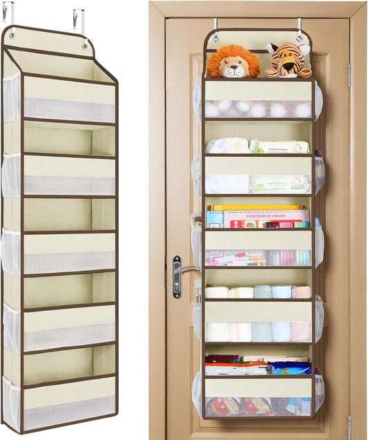 Yecaye Over The Door Organizer Storage, 5-Tier Heavy Duty Door Organizers Hanging with 10 Side Mesh Pockets, 44 lbs Load Capacity Behind Door Storage for Bathroom Nursery Bedroom Dorm Closet, Beige