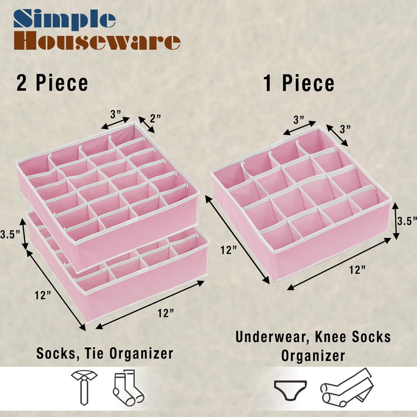 Simple Houseware Sock Drawer Organizer for Dresser/Closet/Bedroom, 3 Pack, Pink