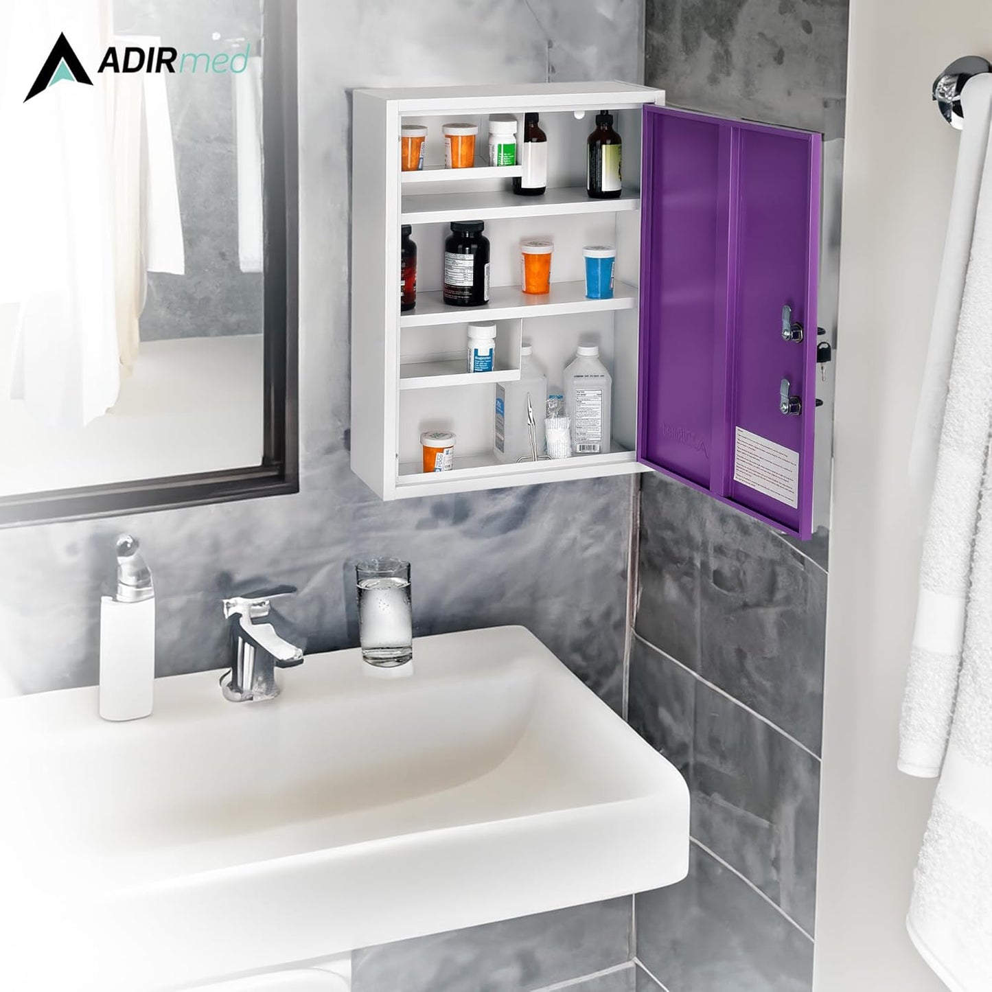 AdirMed Locking Medicine Cabinet Wall Mounted First Aid Cabinet with Lock, Lockable Wall Medicine Cabinet with Dual Lock and Dual Keys, 21" H x 16" W x 6" D, Purple