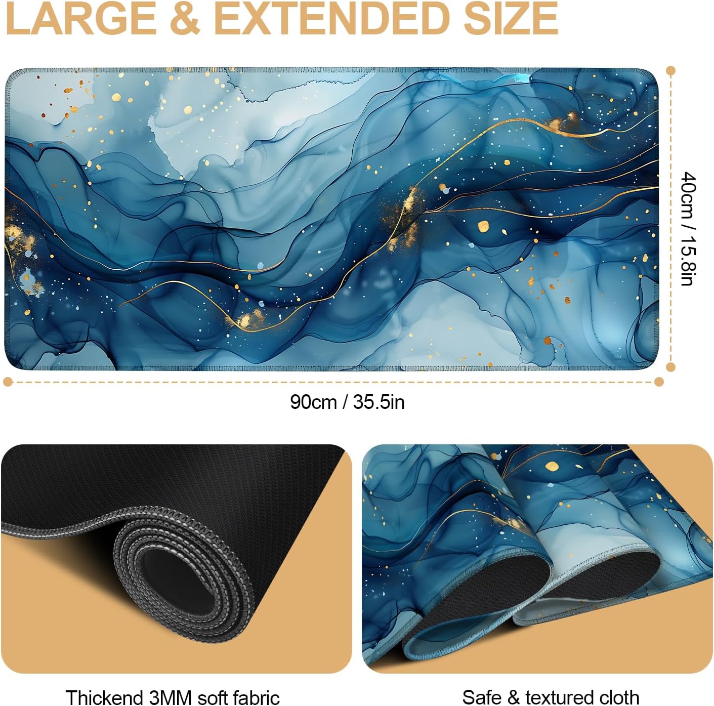 Large Mouse Pad, Blue Abstract Marble Desk Mat, Extended Gaming Mouse Pad with Non-Slip Rubber Base, Thick 3mm Smooth Surface Keyboard Mat for Office & Home,35.5 x 15.8 in