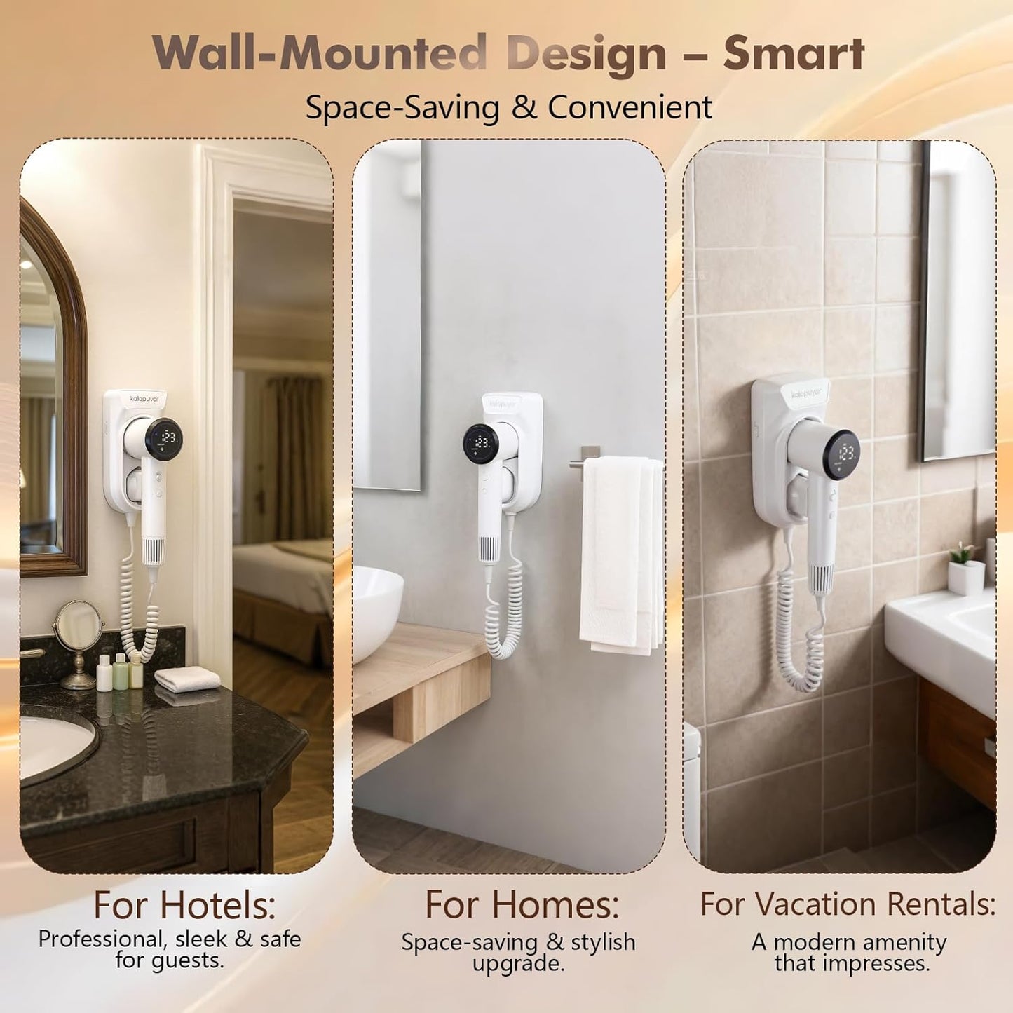 2025 Wall-Mount Hair Dryer 4 Heat 2 Speed Settings High-Speed 1600W Bathroom Blow Dryer with LED Nightlight White