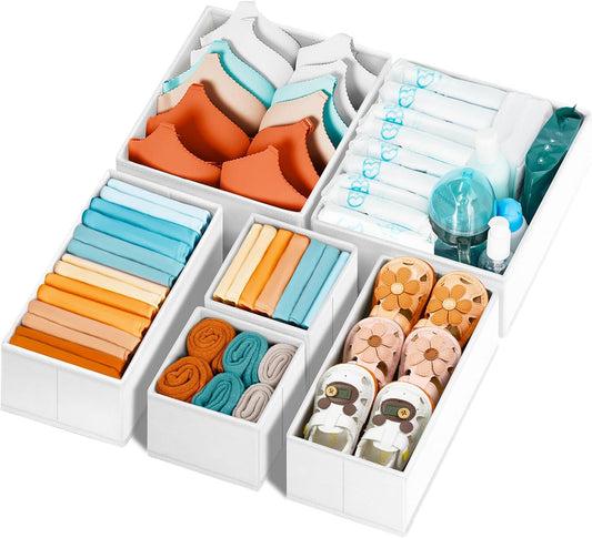 Criusia Drawer Organizer Clothes 6 Pack White- Dresser Organizer Bins for Closet Bedroom - Baby Clothes Organizers and Storage for Nursery Organization -Sock Underwear Drawer Organizer Divider