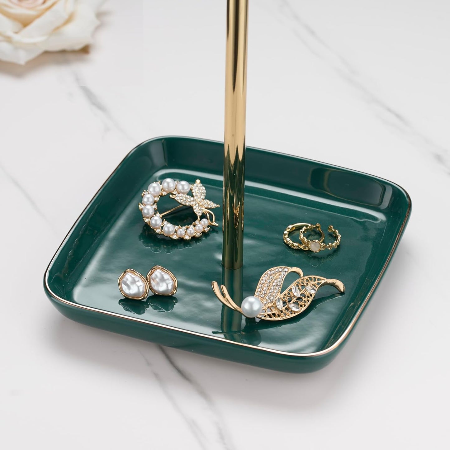 Jewelry Holder Stand with Ceramic Base: 12" Tall Necklace Organizer Rack, Tree Design Display Storage for Necklaces, Bracelets, Rings, Earrings, Aesthetic Room Décor for Girls and Women, Green