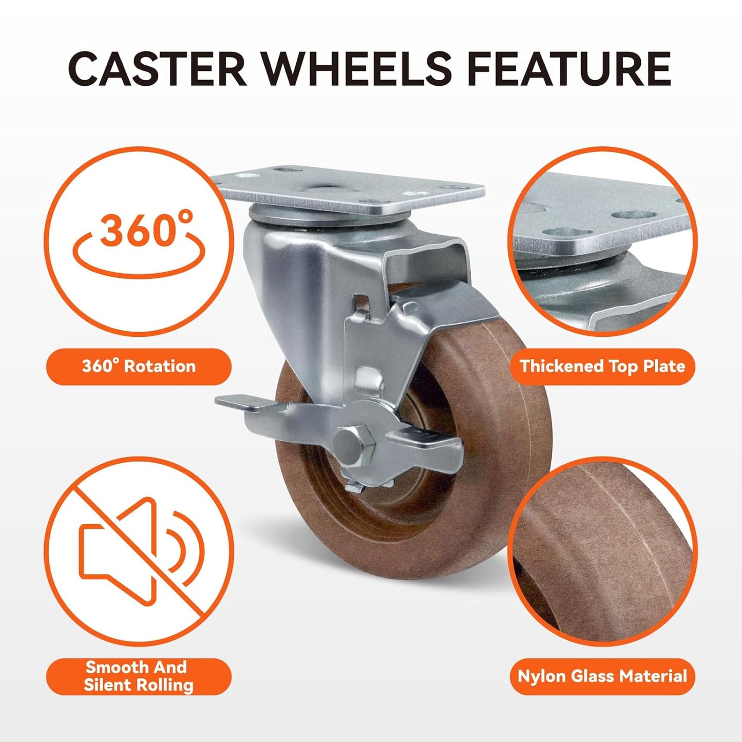 4" Hi-Temp Glass FiIled Nylon Casters, Heavy Duty Casters Set of 4, Industrial Caster Wheels for Commercial Kitchen, Bakery - 2400 lbs Capacity(2 Swivel & 2 Brake)
