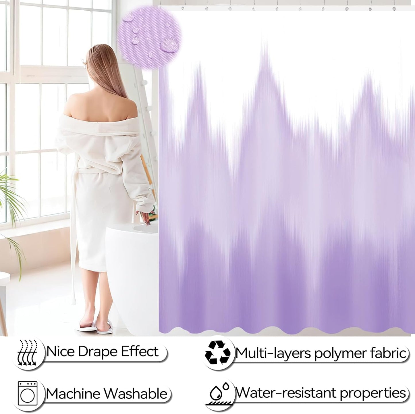 iMucci Bathroom Accessories Light Purple Bathroom Sets with Shower Curtain and Rug, Light Purple Ombre Waterproof Shower Curtain with Ultra Absorbent Rug Bathroom Accessories Set for Home