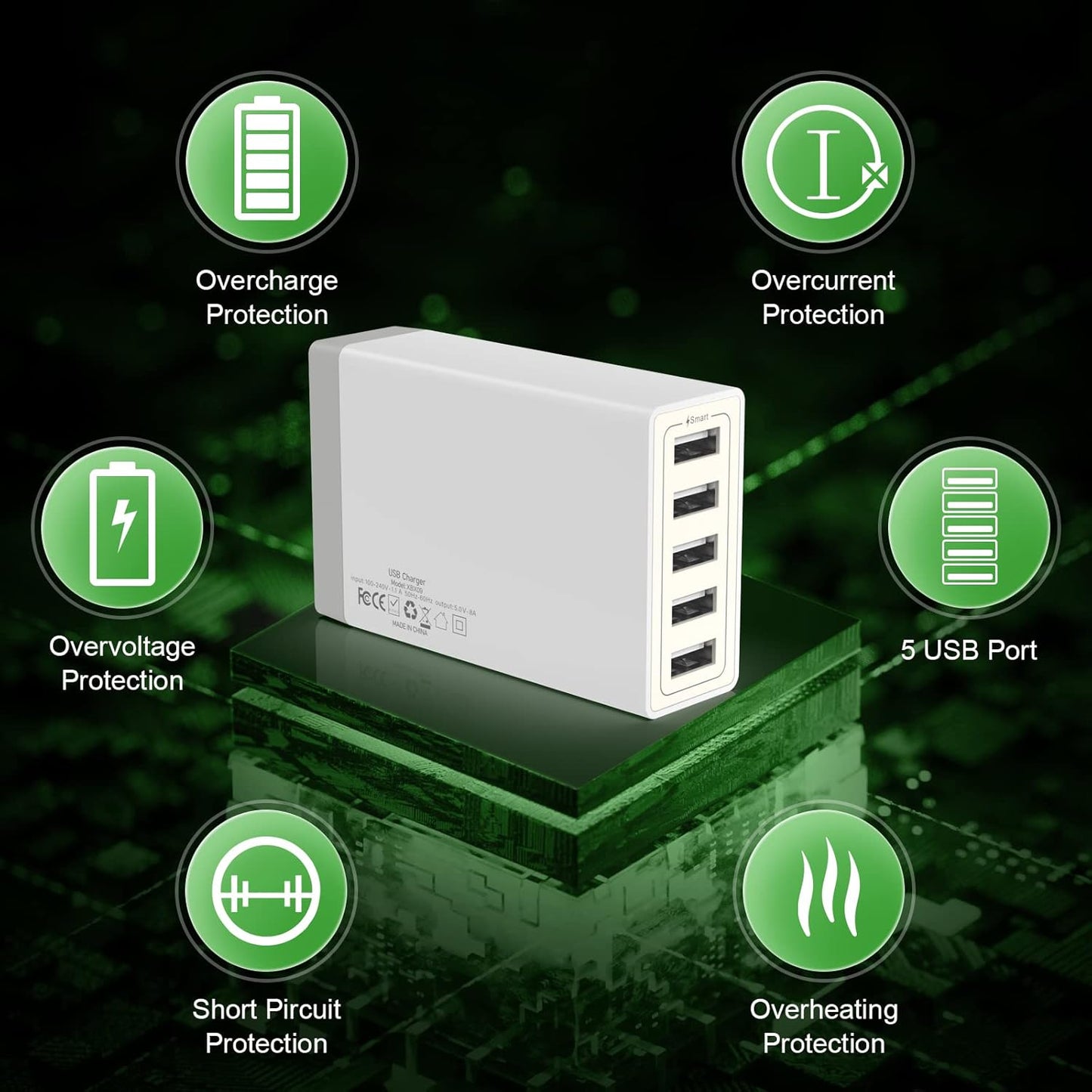 USB Wall Charger, Desktop USB Charging Station for Multiple Devices, 40W 8A, 5 Port,Travel Portable Charger for Cell Phone, Tablet