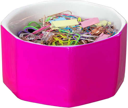 Ceramic Paper Clip Holder Gold Line Paper Clip Dispenser Organizer for Desk Cute Floral Pattern Office Binder Clip Holder Bobby Pin and Hair Clip Holder Gift for Office (Hot Pink)