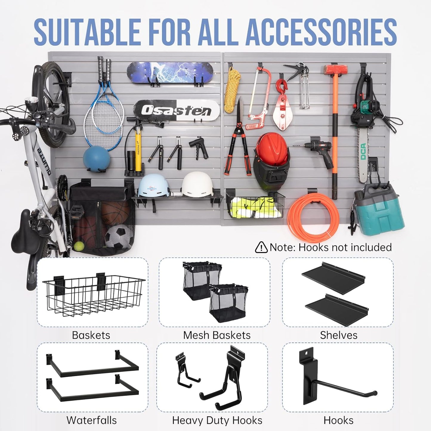 Slatwall Panels Garage Slat Wall Storage Systems 4'x4', Slat Wall Paneling Garage Wall Organizer, Grey Slat Board PVC Wall Panels Slatwall Displays Garage Tool Organizer Wall Mount Ladder Bike Rack