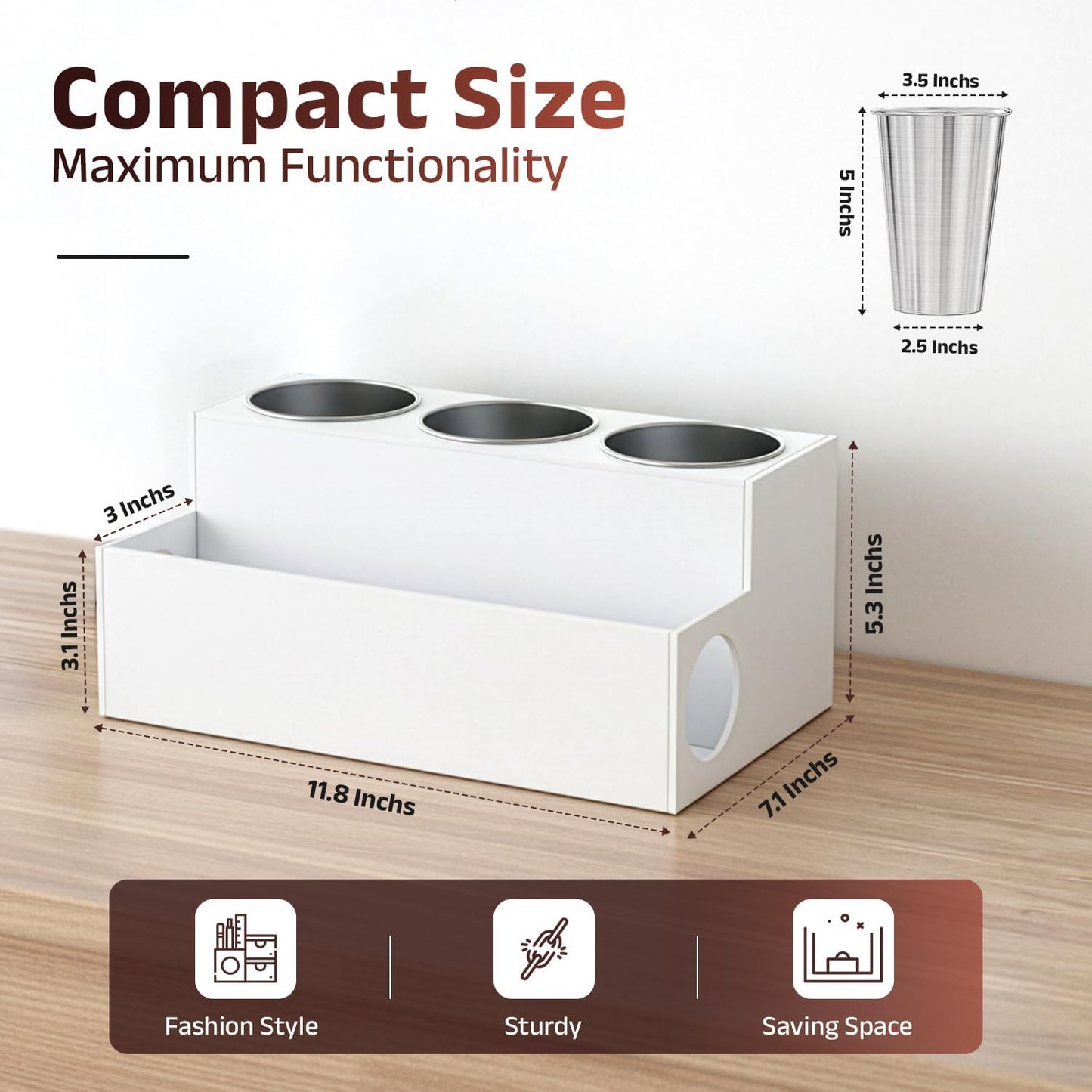 Casavita White Hair Tool Organizer with Heat-Resistant Mat - Durable Acrylic Makeup Organizer Countertop for Blow Dryers, Flat/Curling Irons, & Toiletries - Stainless Steel Cups, Cord Management