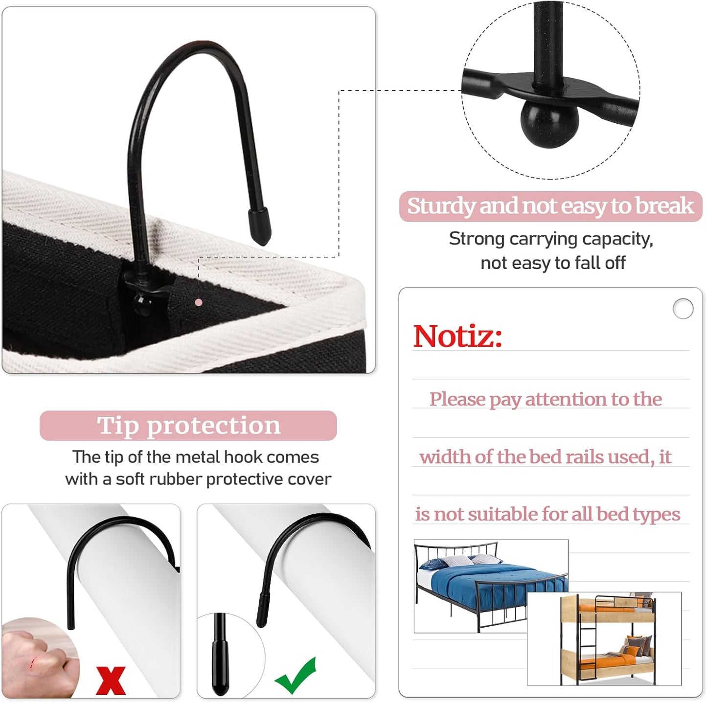 Bedside Caddy Bedside Hanging Storage Basket Bed Caddy for Headboards Bunk Dorm Rooms Crib Beds Rails Organizer (Black)
