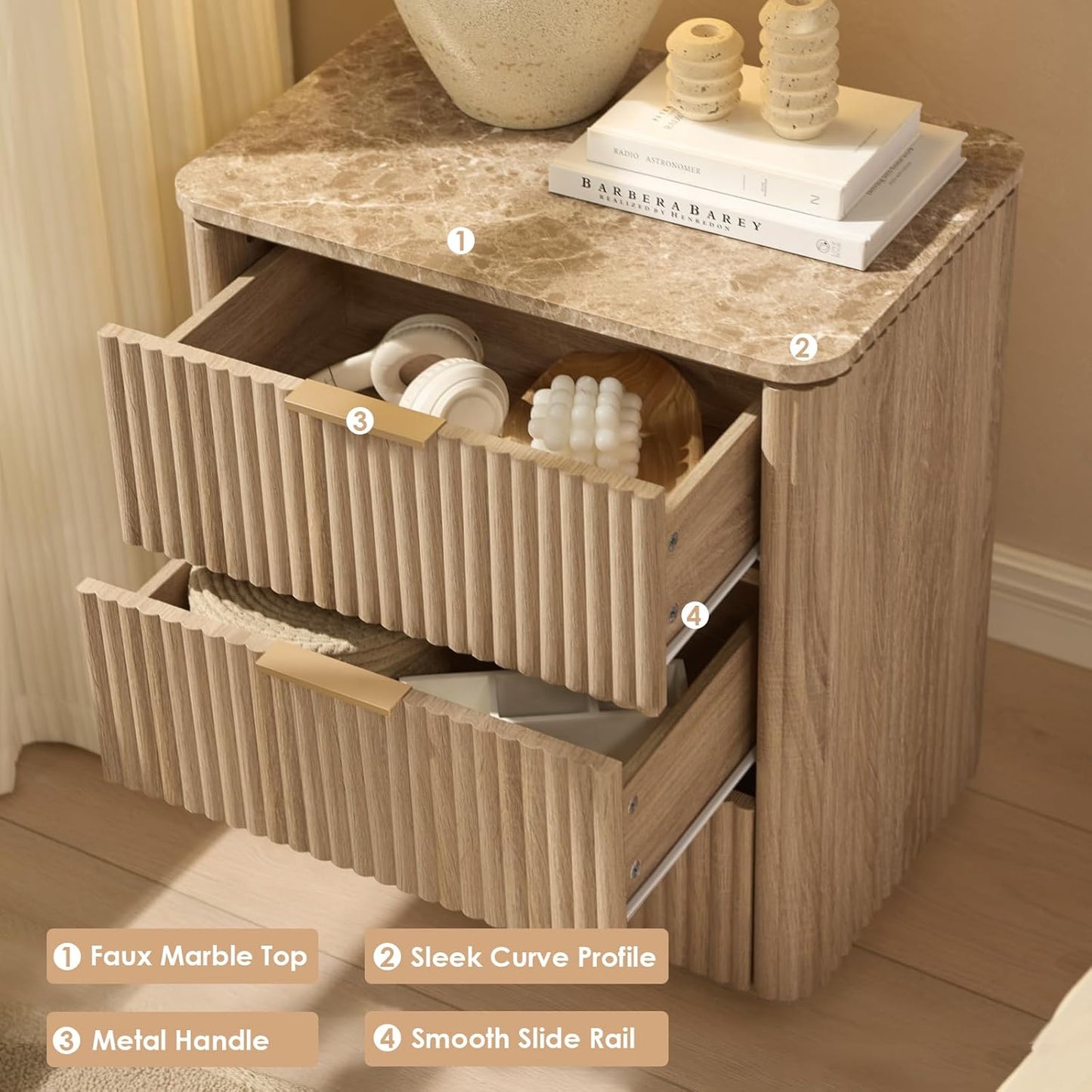 Fluted Nightstand with 3 Drawers, Engineered Wood Bedside Table with Faux Marble-Top, Modern End Table with Curved Corners, Metal Handle, Large Night Stand for Bedroom, Office, Closet, Natural Oak