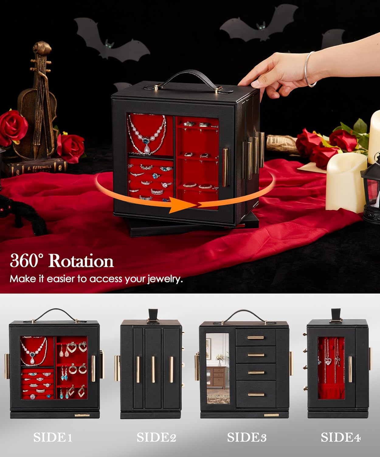 Homde Christmas Gifts Jewelry Box 360° Rotating, Necklace Earring Organizer with Transparent Window, Mirror, 7 Drawers, Large Ring Display Storage Case for Girls Women (Black + Red)