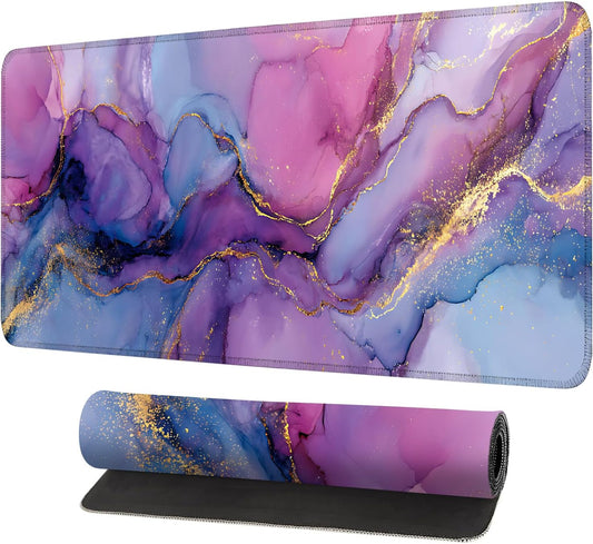 Purple Marble Ink Mouse Pad – Large Extended Desk Mat 31.5 x 11.8 in– Alcohol Ink Watercolor with Gold Vein Design, Non-Slip Base, Waterproof Surface, Aesthetic Keyboard & Mouse Pad