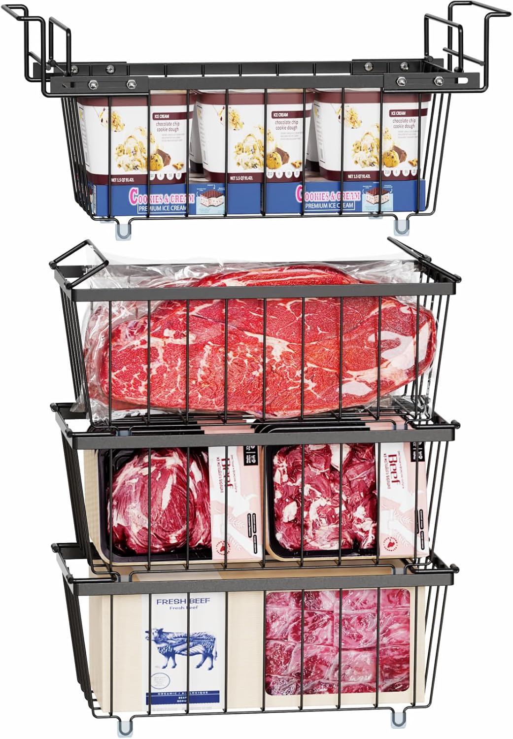 iSPECLE Freezer Organizer Bins - 3 Pcs Small Stackable Baskets & 1 Pcs Hanging Deep Freezer Organizer Bins for 7 Cu.Ft Chest Freezer Easily Gets Bottom Food, Adds Space to Store More Food, Black