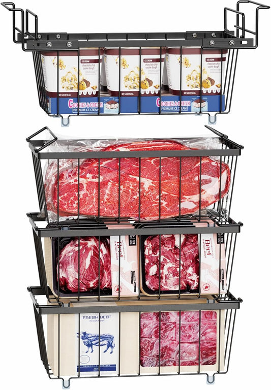 iSPECLE Freezer Organizer Bins - 3 Pcs Small Stackable Baskets & 1 Pcs Hanging Deep Freezer Organizer Bins for 7 Cu.Ft Chest Freezer Easily Gets Bottom Food, Adds Space to Store More Food, Black