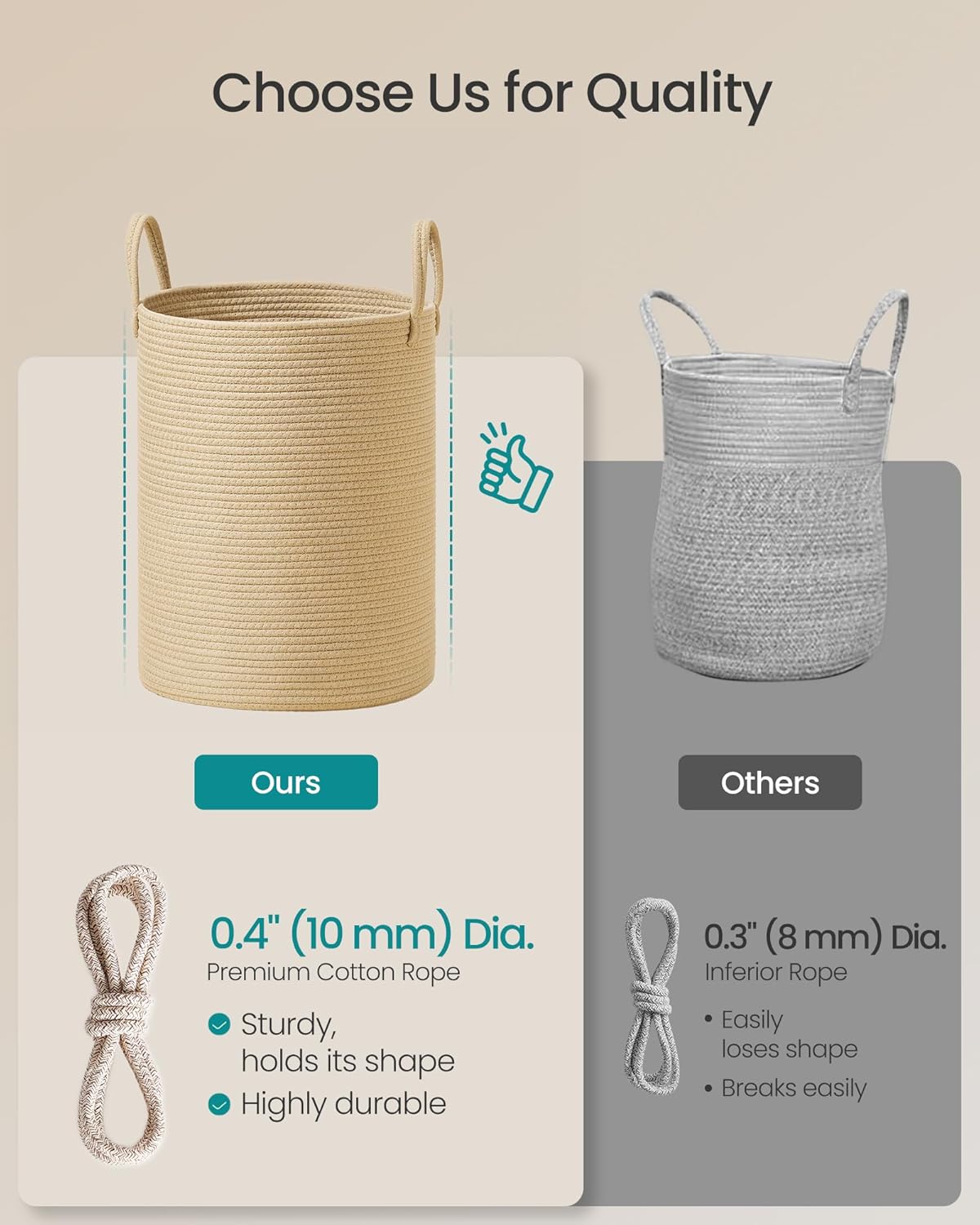 SONGMICS Laundry Hamper, Cotton Rope Laundry Basket with Handles, for Children, Toys, Clothing, Living Room, Bedroom, 15.8 Gallons, 13.8 x 13.8 x 19.7 Inches, Yellowish Brown URLH061KZ01