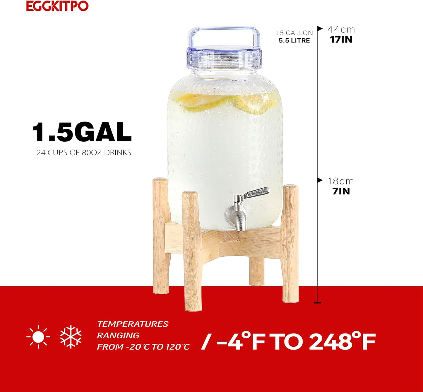 EGGKITPO 1.5 Gallon Drink Dispensers with Spigot and Elegant Stand for Parties Polycarbonate Lemonade Dispenser with Wood Stand Blue Cover Iced Beverage Dispenser for Water Punch Juice BPA FREE