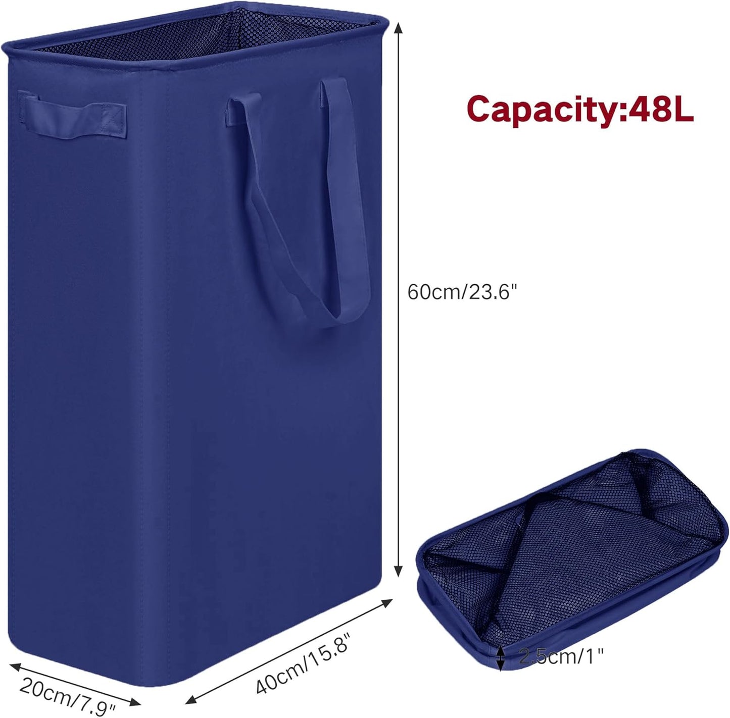efluky Slim Laundry Basket, Narrow Laundry Hamper with Handles, Collapsible Dirty Clothes Hamper, Tall Laundry Bin for Laundry Room, Dorm and Bedroom, 12.7 Gallons(48L) Blue