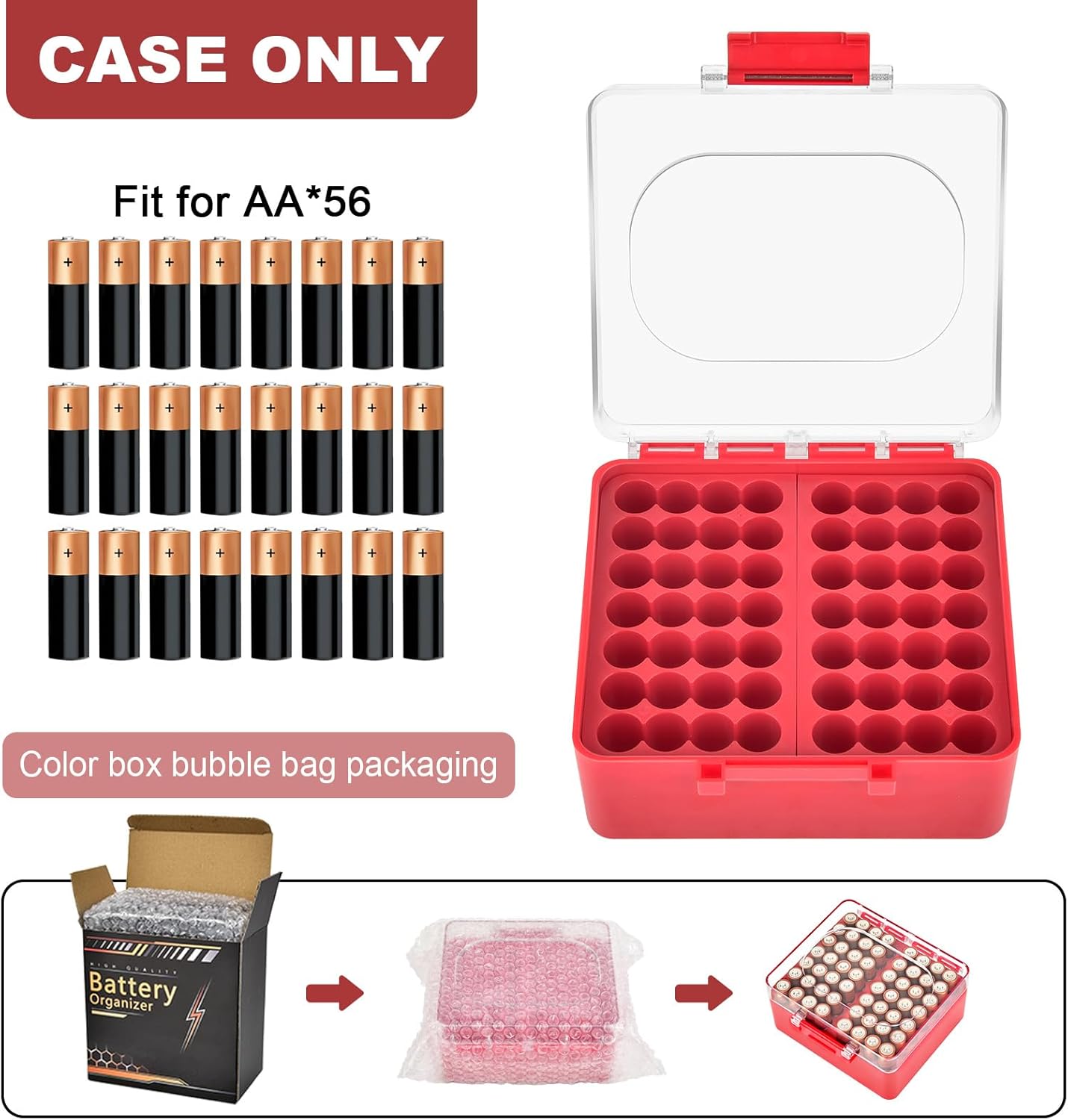FULLCASE Battery Storage Organizer Box, Holder Container for 56 AA Batteries, Plastic Home Batteries Variety Pack Protective Organization(Case Only) Red
