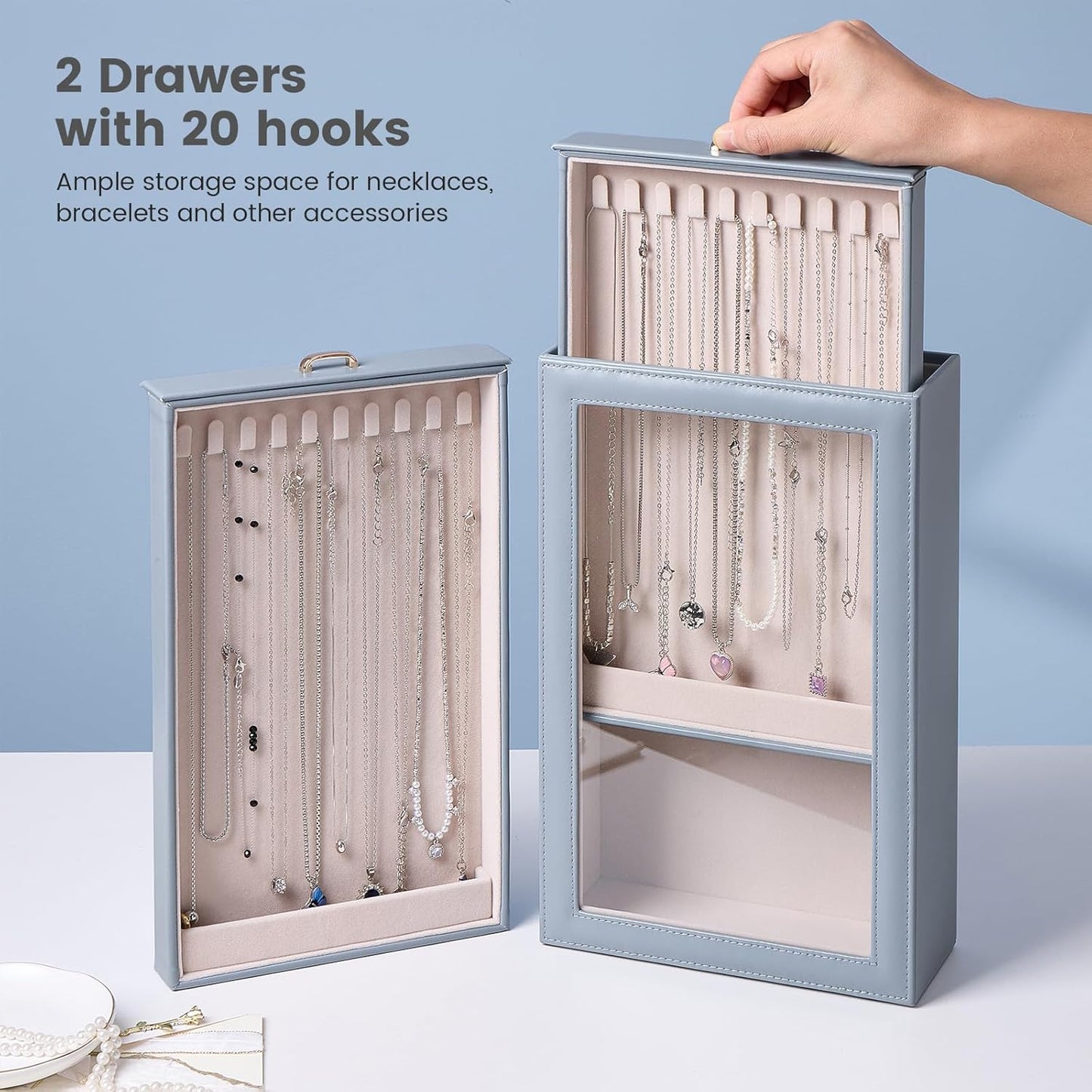 Lolalet Necklace Organizer Box, 2-Layer Jewelry Storage Boxes with Clear Lid for Necklaces, Tangle-Free Necklace Display Case for Women Girls -Dusty Blue