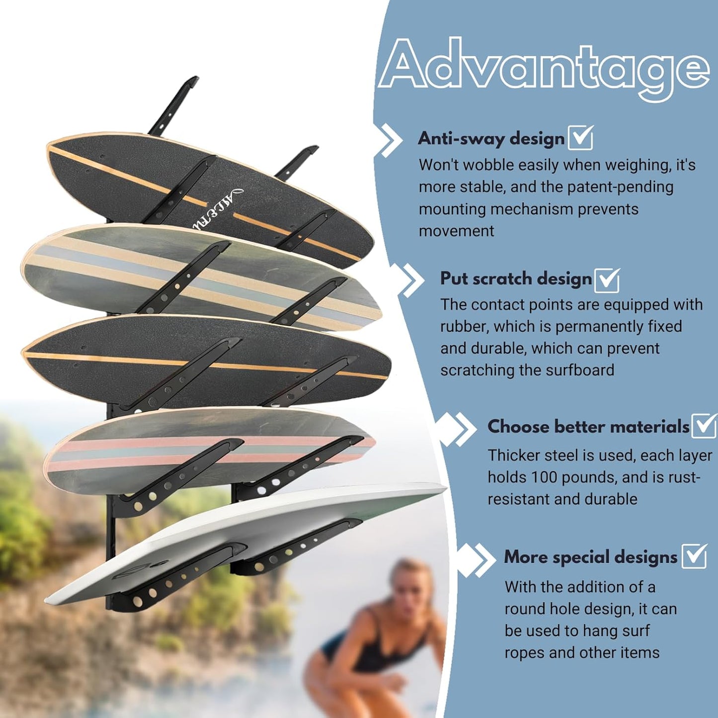 Snowboard Wall Mount, Adjustable 5/6 Board Surfboard Rack, Surfboard Wall Hangers for Surfboard, Wakeboard, and Snowboard Storage at Home or Garage