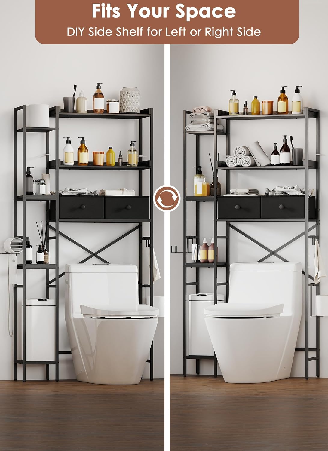 Over The Toilet Storage Rack, 7-Tier Over Toilet Bathroom Organizer with Adjustable Shelf, Above Toilet Storage Cabinet with Hooks, Space-Saving, Black Shelf