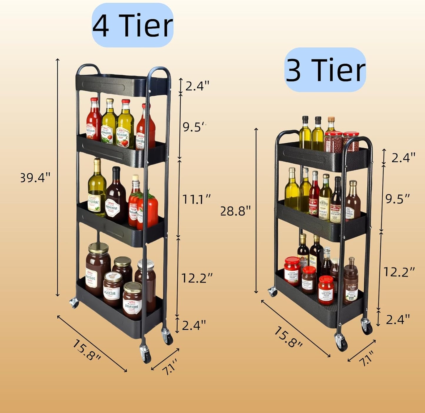 3 Tier Slim Metal Rolling Storage Cart for Laundry Room & Kitchen Organizer, 7.1'' Thin Standing Shelf for Narrow Spaces, Utility Cart with Wheels & Lockable Casters for Bathroom, Black