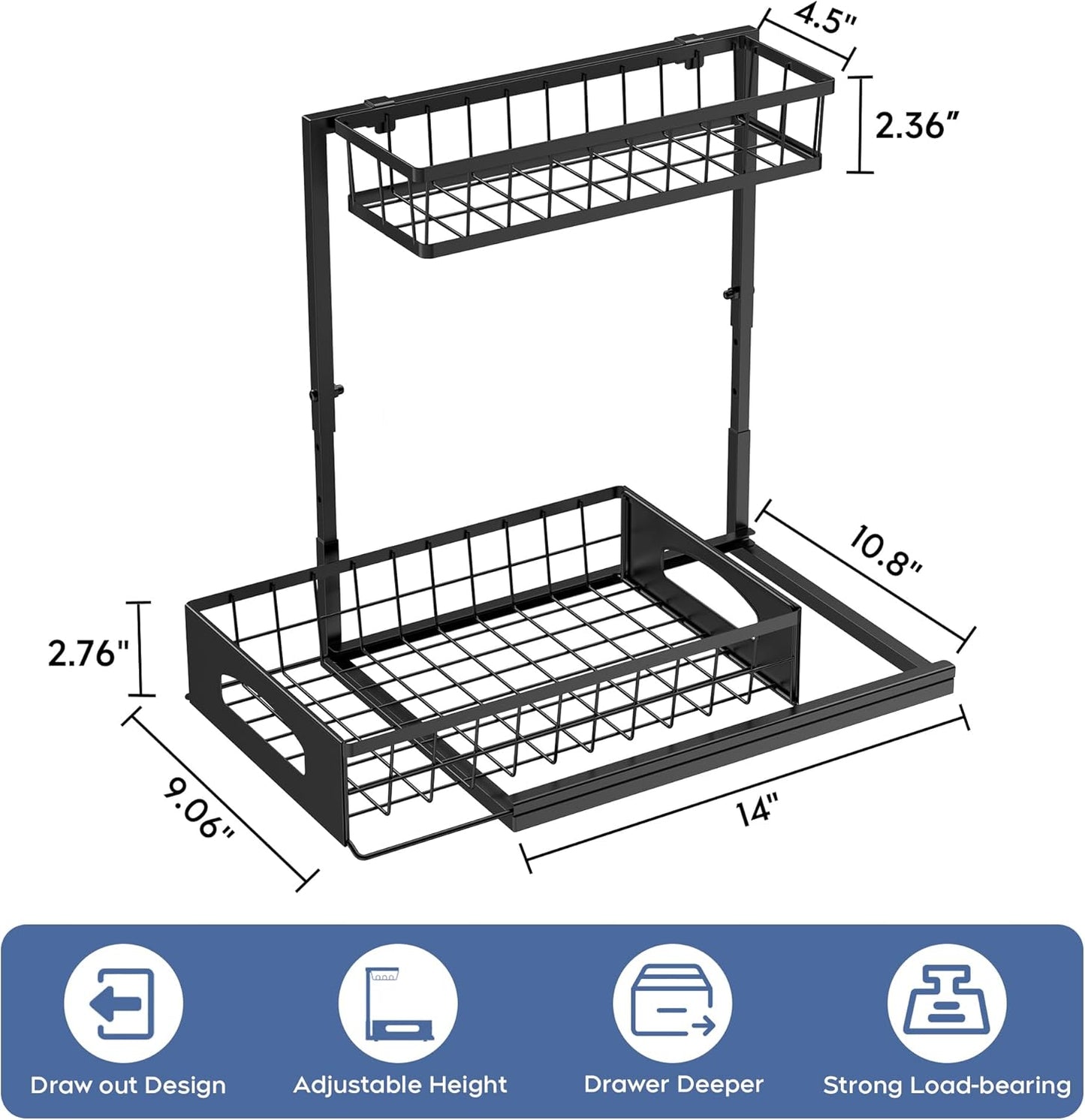 Under Sink Organizer , 2 Pack Height Adjustable Cabinet Organizer with Slide Out Drawer, Pull Out Under Sink Storage, Multi-Purpose 2 Tier Sink Shelves for Kitchen Bathroom Pantry (Black, 2 Pack)