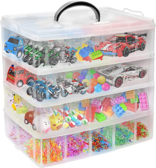 4-Tier Stackable Storage Container Box with 40 Adjustable Compartments, Plastic Organizer Box Transparent Storage Case for Kids Toys, Art Crafts, Jewelry, Supplies, Fuse Beads, Washi Tapes