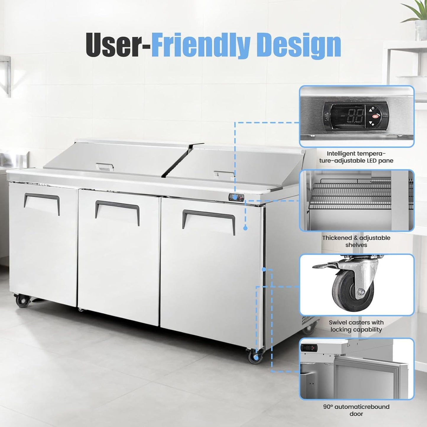 72" W Commercial Refrigerator Sandwich Salad Prep Table, Stainless Steel 3-Door Sandwich Prep Table Refrigerator, Counter Fan Cooling Refrigerator with 30 Pans for Restaurant, Bar