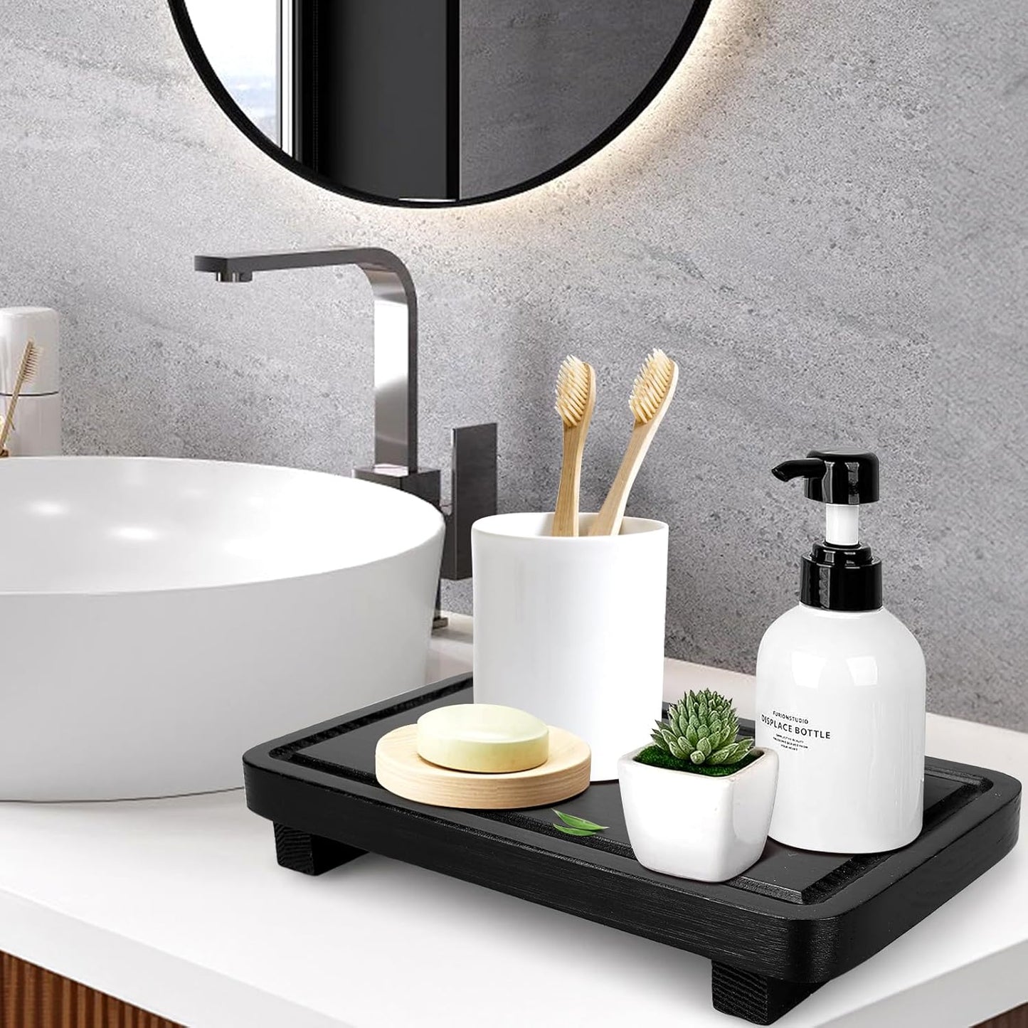 Black Bathroom Counter Organizer Tray Wood Riser Kitchen Countertop Trays Wooden Pedestal Display Stands Dish Soap Dispenser Holder for Bathroom Decor Kitchen Sink Accessories Vanity Tray
