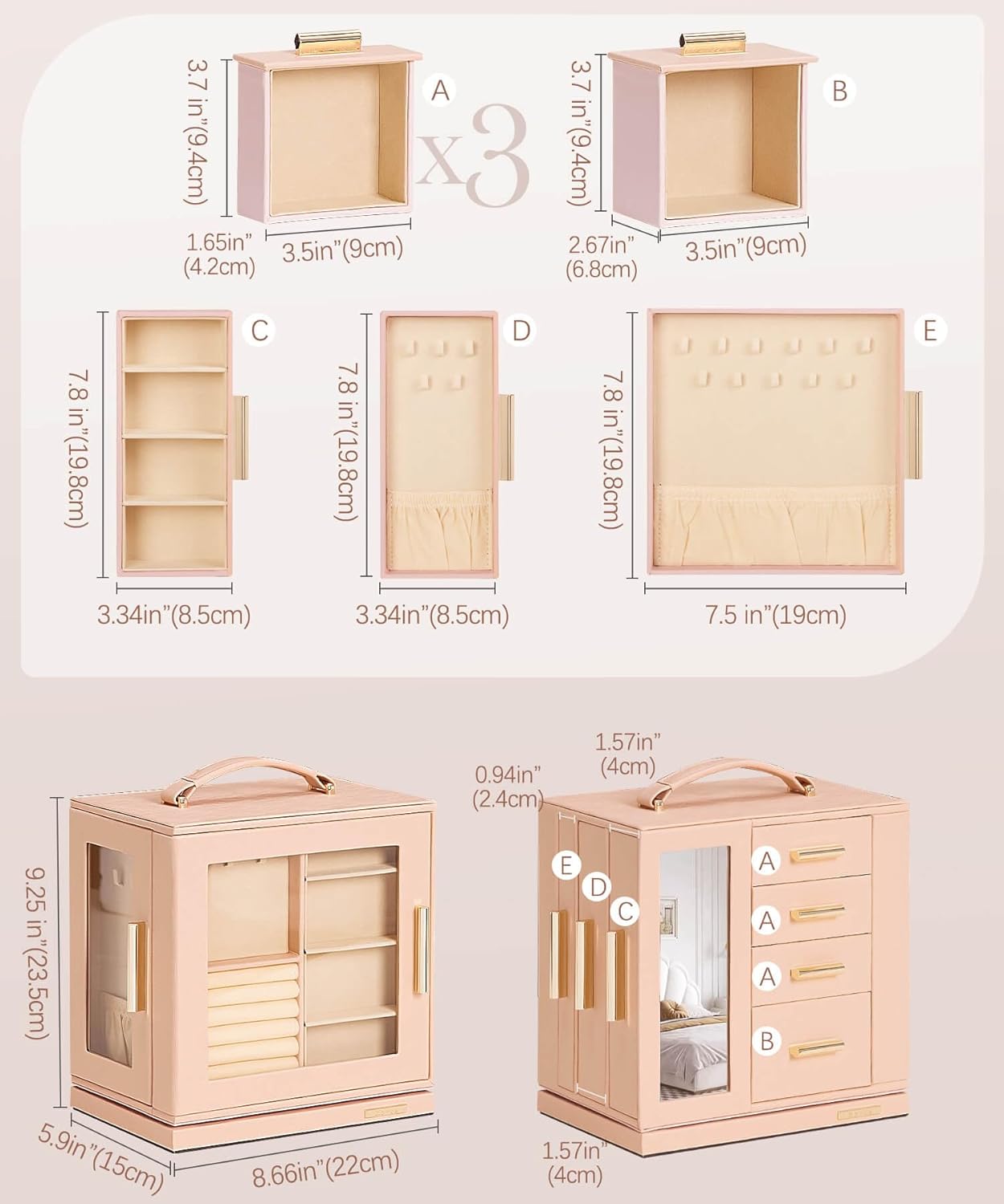 Homde Christmas Gifts Jewelry Box 360° Rotating, Necklace Earring Organizer with Transparent Window, Mirror, 7 Drawers, Large Ring Display Storage Case for Girls Women (Peach Pink)