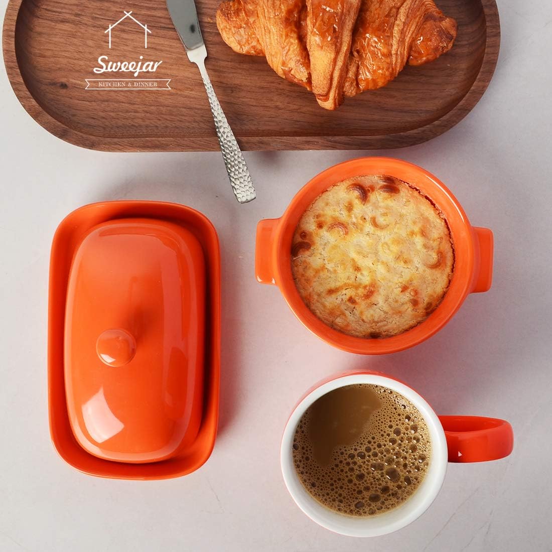Sweejar Ceramic Butter Dish with Lid for Countertop,Porcelain Butter Keeper with Knob Handle,Butter Container for East/West Coast Butter, 7 inches (Orange)