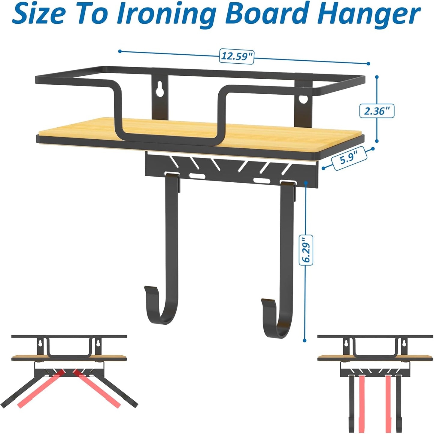 efluky Ironing Board Hanger with Removable Hooks, Ironing Board Holder Wall Mount for T/Y Leg, 12.59" L x 5.9" W x 2.36" H, Black