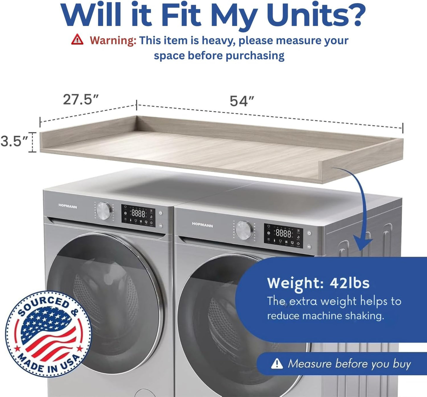 OfficeSimpli Washer Dryer Countertop, Made in USA, Non-Slip Pads, Easy Clean, Laundry Room Essentials and Decor, Washer Dryer Wood Top for Organization (Rustic Oak, Standard (27.5" x 54"))