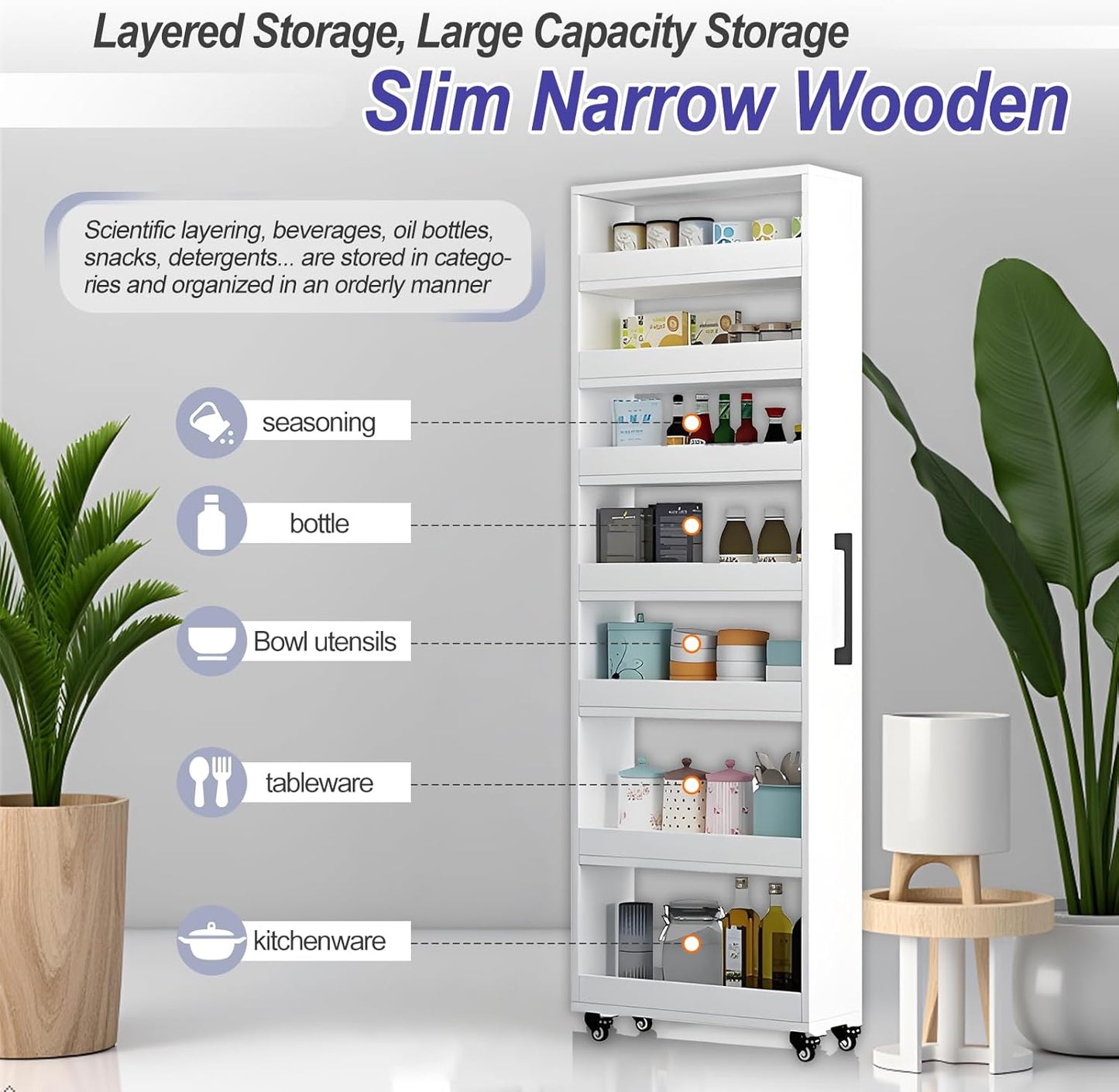 7-Tier Slim Storage Cart, Wooden Rolling Pantry Cabinet with Wheels, Narrow Shelf Organizer for Kitchen, Bakers Rack, Dining Room, Closet, Small Spaces Light Walnut 73.2‘’H*5.9''W*19.6''D