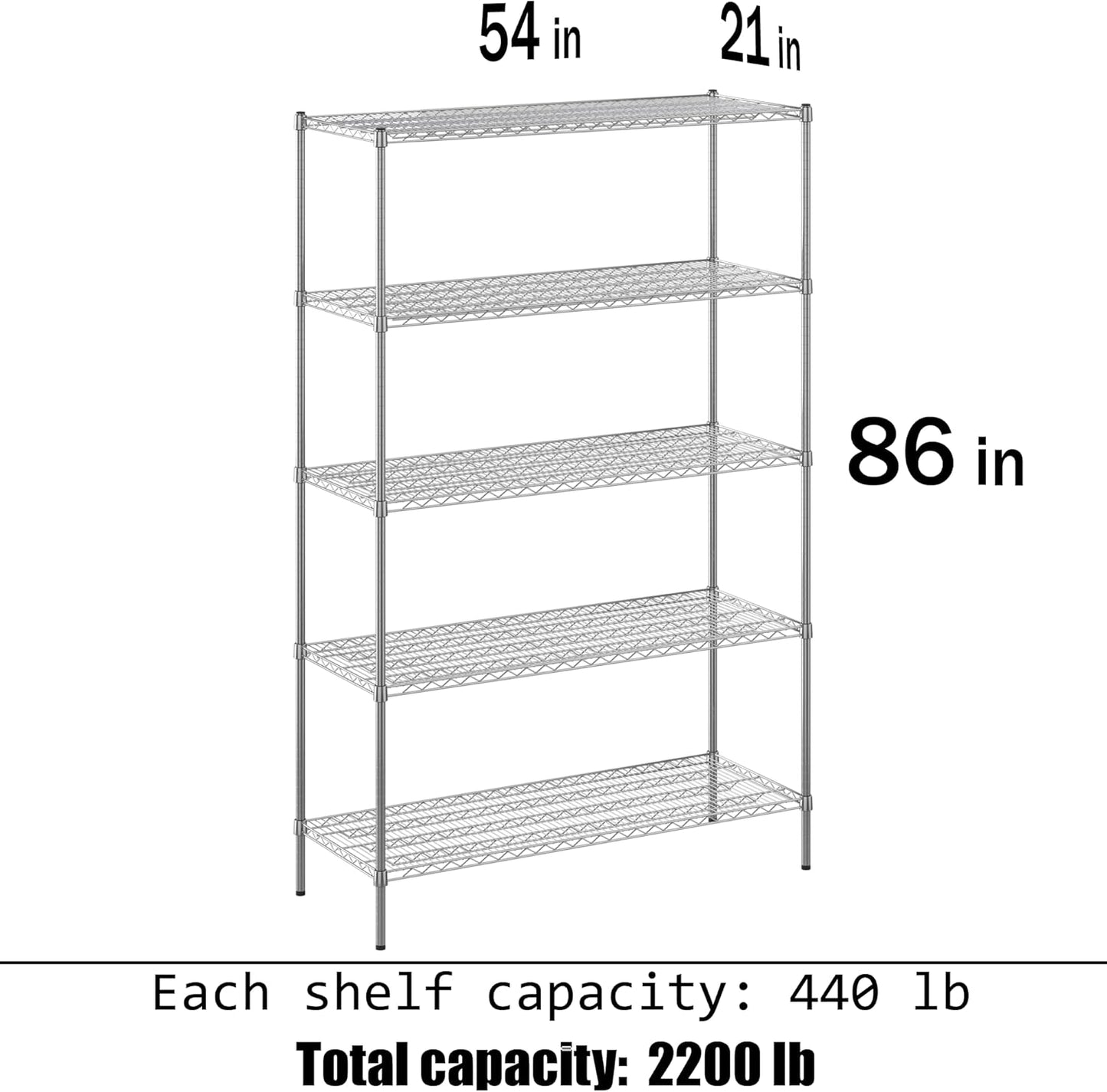 21" Deep x 54" Wide x 86" Height Wire Shelving Kit | 5-Tier | NSF Commercial Storage Rack Unit
