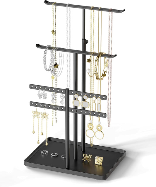 Jewelry Holder Organizer Stand - Adjustable Jewelry Tree 17.5" Height (Max), Jewlery Hanger for Necklaces, Bracelets, Earrings, Aesthetic for Storage and Display, Metal, Black
