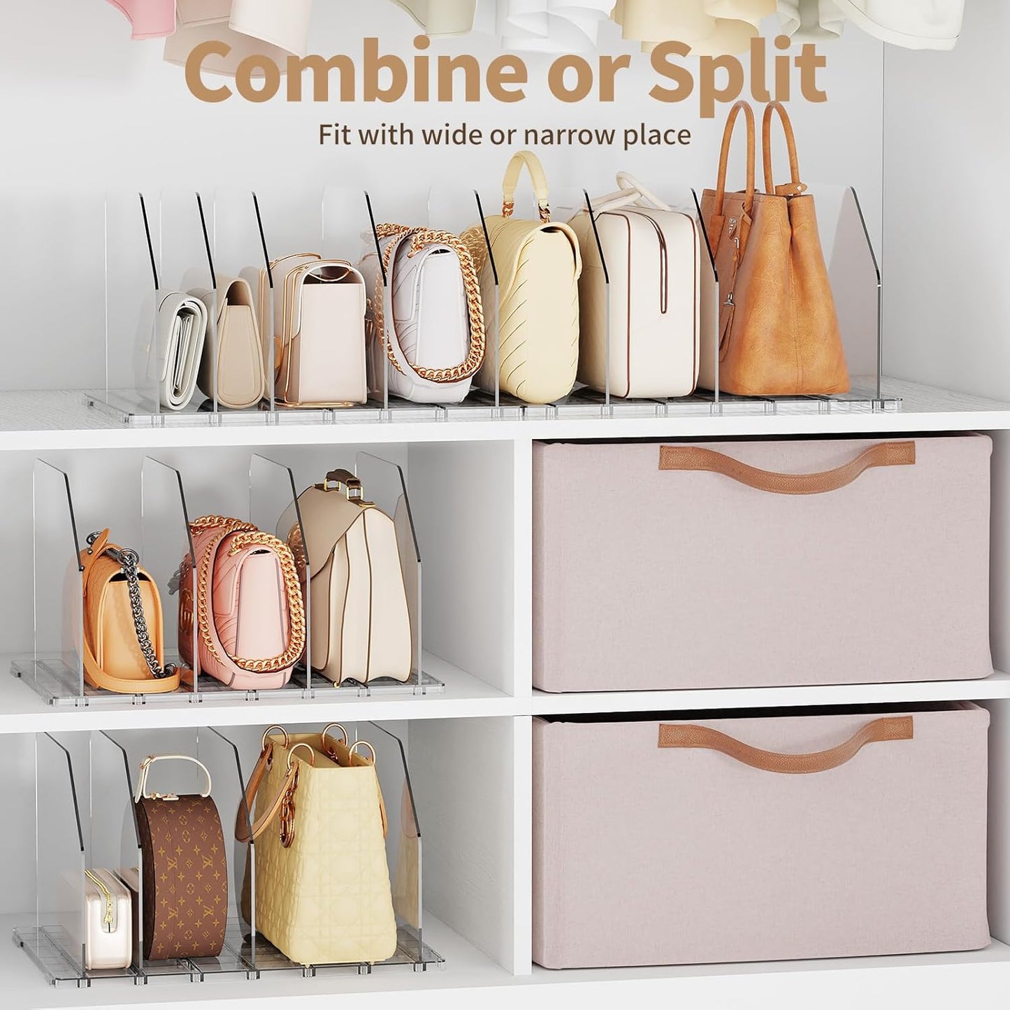 Purse Organizer for Closet, Shelf Divider Adjustable Clear Acrylic Handbag Storage, Bag Storage Separators, Keep Handbag & Books Neat and Upright in Bedroom, Office