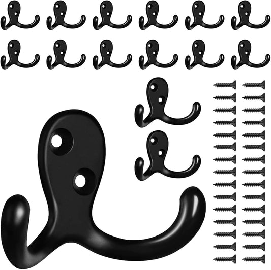 15 Pack Coat Hooks Wall Hooks for Hanging, Heavy Duty Double Prong Metal Hook Wall Mounted for Living Room, Bathroom, Kitchen, Bedroom for Coat, Bag, Scarf, Towel, Hat, Key, Cup (Black)